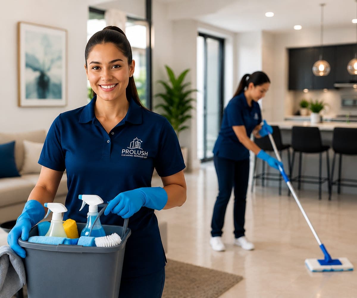 The Prolush team cleaning a bright Miami living room